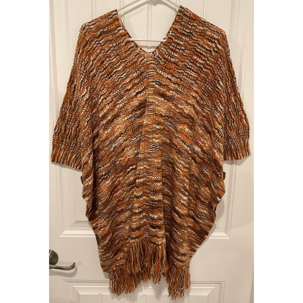 NWOT Women’s Charming Charlie Multicolor Knit Poncho W/ Fringe & Buttons M/L
